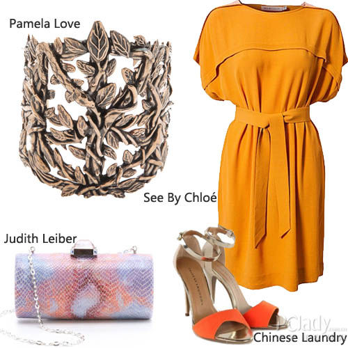珠宝搭配解读：个性宽版手镯 橘色连身裙