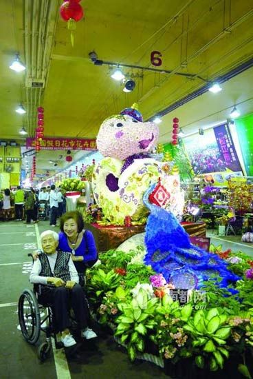 台湾人也有过年逛花市的习惯。建国路假日花市，两位老人正在合影。