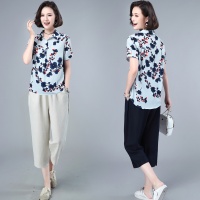 两件套装夏装新款衬衫女时尚数码印花梅花图案宽松显瘦