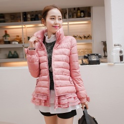 冬装新款韩版女装立领荷叶边下摆彩色棉服外套