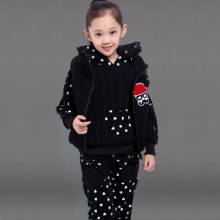 冬季新款加厚中大女童套装 毛线抓绒卫衣三件套 韩版儿童装