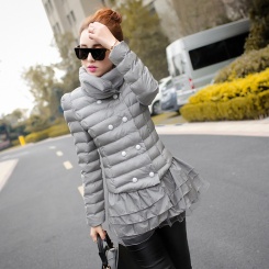 冬装韩版女装立领荷叶边裙摆纯色棉衣外套双排扣棉服