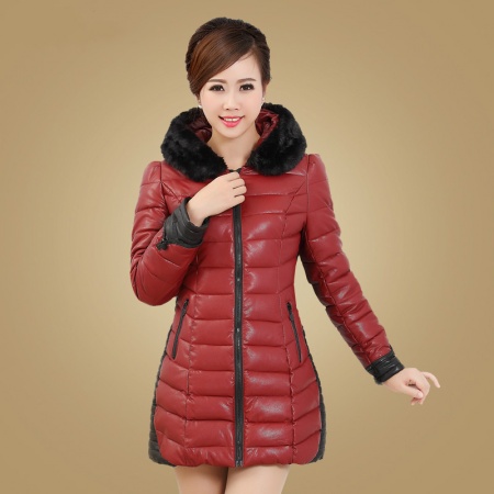 冬新款韩版拼接小羊皮PU皮中长款羽绒服女款