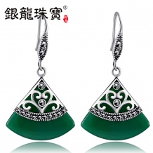 s925纯银饰品 绿玛瑙耳环复古耳坠泰银耳饰