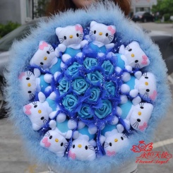 11只蓝色 kitty猫加仿真玫瑰花 公仔花束 