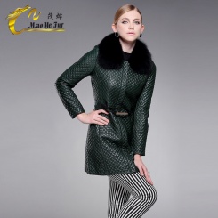 冬季新款品牌女装欧美风时尚修身格纹真皮长袖外套女 