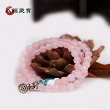 八福正品 天然粉水晶白砗磲绿松石纯银配饰多圈手链招桃花 女包邮