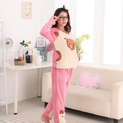 新款冬季法兰绒女长袖卡通睡衣可爱家居服水貂绒睡衣