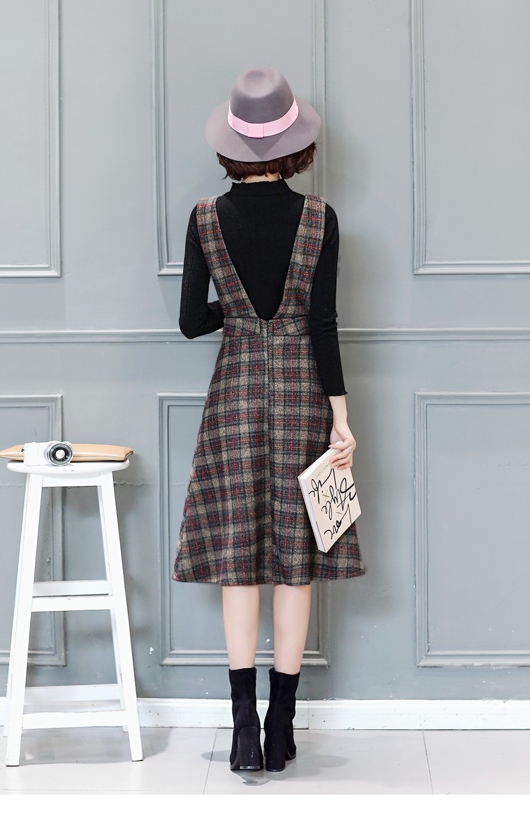 拉链格子冬季长袖中长款背带修身连衣裙