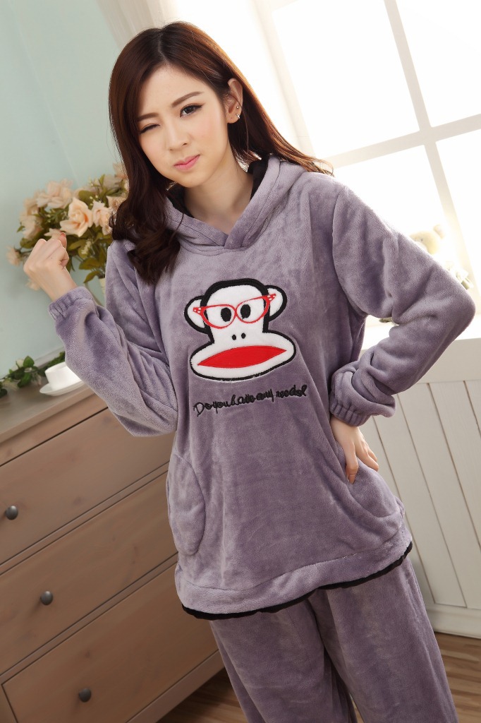 冬季少女高档法兰绒韩版大笑嘴猴家居服女士珊瑚绒二件套睡衣