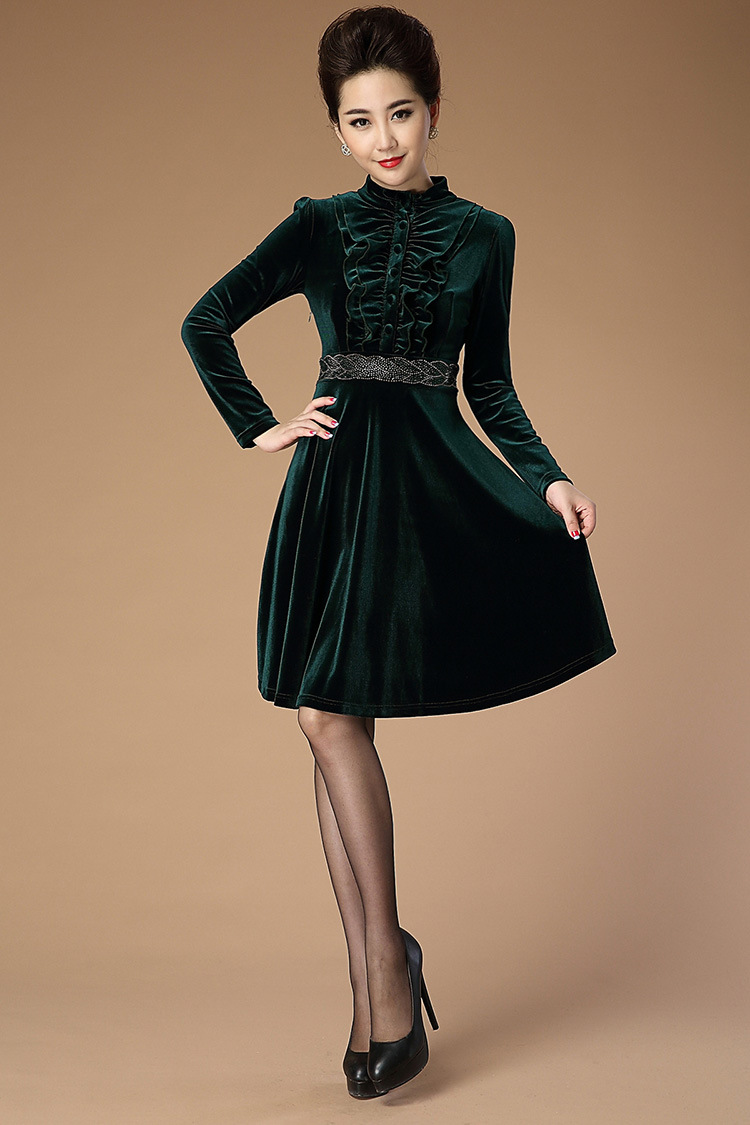 秋冬新款金丝绒连衣裙烫钻立领长袖修身气质优雅连衣裙--安心购物 上