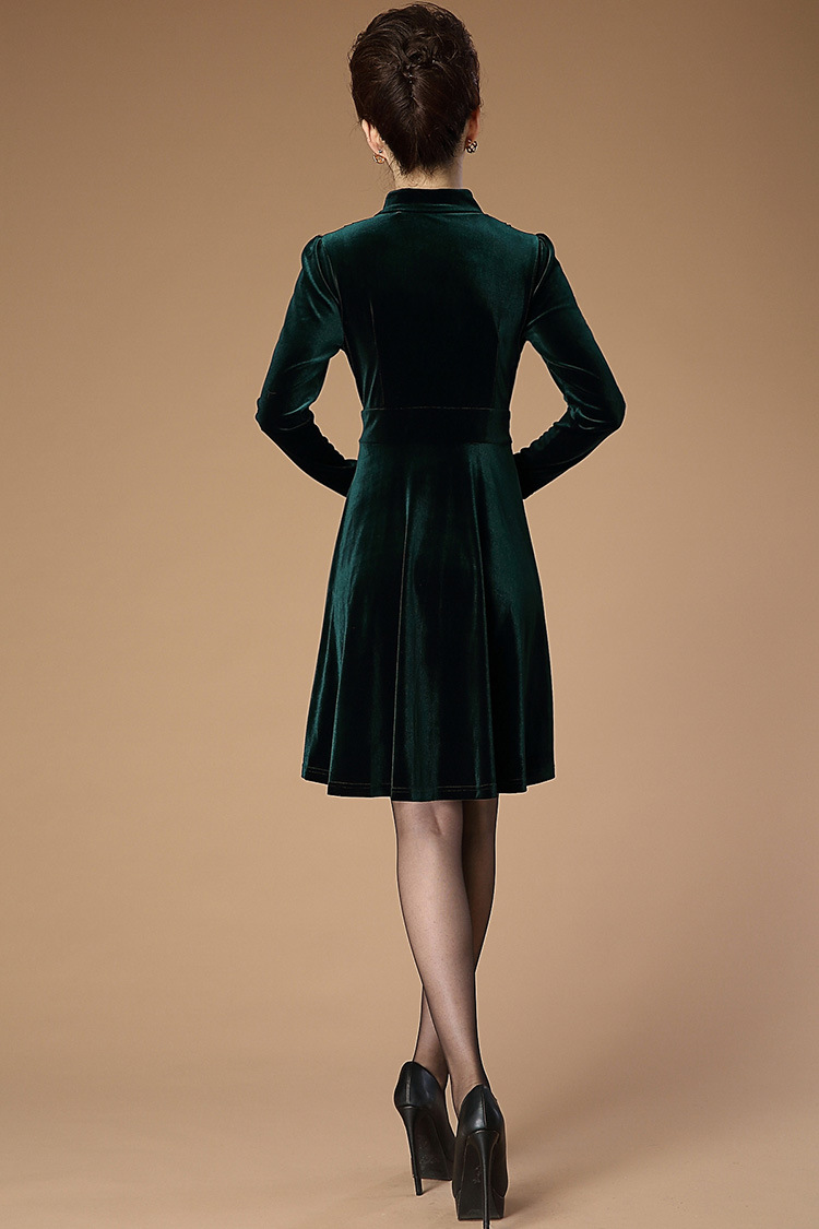 秋冬新款金丝绒连衣裙烫钻立领长袖修身气质优雅连衣裙--安心购物 上