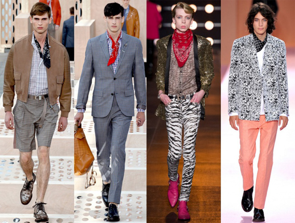 2014春夏男装秀场上，Louis Vuitton （左一、左二）、Saint Laurent（左三）、Paul Smith（左四）均大量采用了领巾作为搭配品