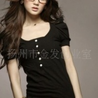 夏季韩版百搭泡泡袖公主前排开扣时尚修腰T恤-黑色