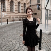 韩版瑞丽高品质双层收腰性感透明感蕾丝花连衣裙