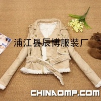 冬季新款韩版休闲麂皮绒腰带棉衣外套3色454浅卡其