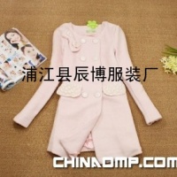 冬季新款淑女韩版蝴蝶结蕾丝镶边呢大衣3色715粉色