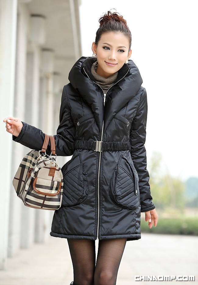 10冬季新品韩版时尚OL女装修身纯色双领长袖长款棉衣黑色237C